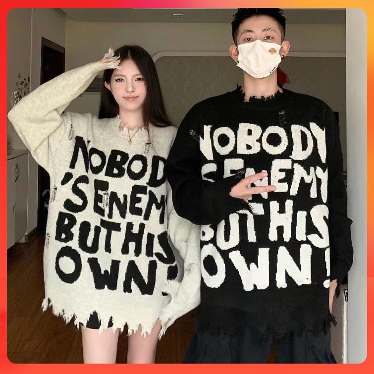 [C230] Áo len thun Montoghi dệt kim nữ DÁNG DÀI IN CHỮ phối RÁCH LAI TUA phom rộng QC - Kholenqc ( Nhung Kem )