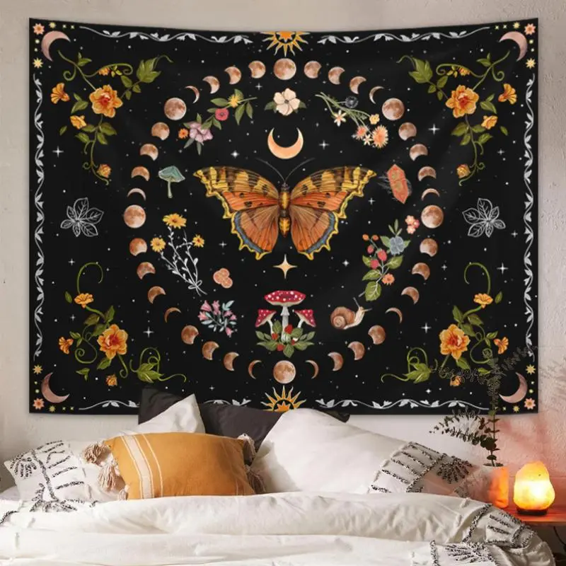 Wall Tapestry, 1 Count Summer Bohemian Style Butterfly Flower Moon Phase Print Tapestry, Wall Hanging Decor for Bedroom Living Room Home Decor 6