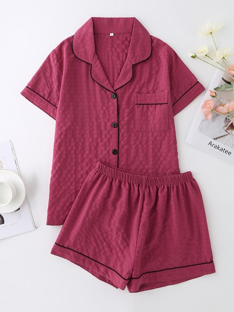 Product Introduction of Two-Piece Set Women's Contrast Binding Textured Pajama Set, Casual Lapel Shirt & Elastic Waist Shorts Set, Summer Sleepwear for Lady, Homewear Set, Loungewear 1