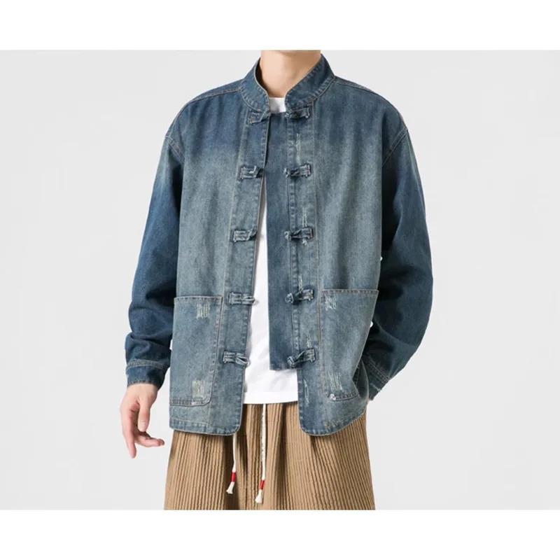 Retro Chinese Style Washed Denim Jacket For Men Spring Autumn Long Sleeved Stand Collar Top Fashion Vintage Ethnic Shirts Coat 1