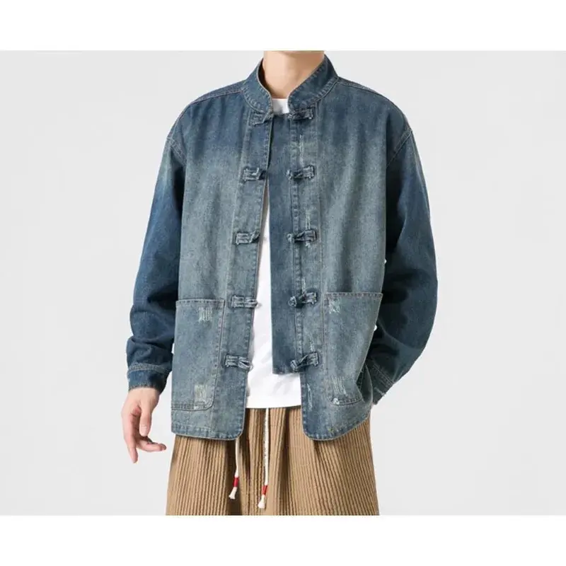 Retro Chinese Style Washed Denim Jacket For Men Spring Autumn Long Sleeved Stand Collar Top Fashion Vintage Ethnic Shirts Coat 1