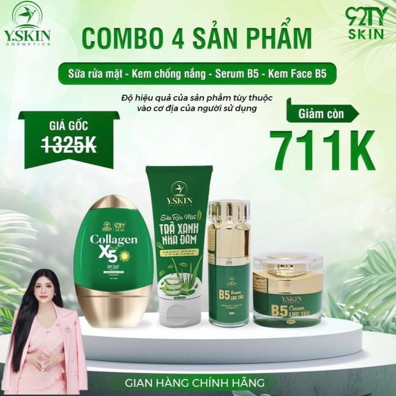  Combo 4 sản phẩm dưỡng trắng  YSKIN  gồm : Sữa rửa mặt trà xanh nha đam + kem chống nắng collagen x5 +  serum b5 lục tảo + kem face b5 lục tảo   Tặng 2sp mini + 10 mặt nạ   
