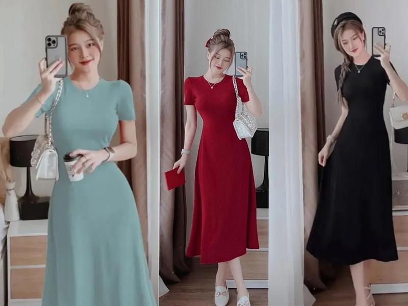  D-02 - Đầm body thun gân dáng dài siu xinh Cổ tròn - Nữ  women  Dress Voi Voan Đen 