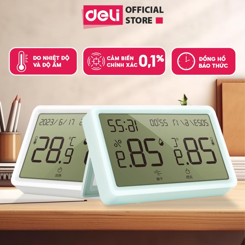 Nhiệt ẩm kế, nhiệt kế phòng Deli đồng hồ xem giờ có báo thức đo nhiệt độ phòng, cảm biến đo độ ẩm phòng ngủ cho bé chính xác, nhiệt kế cơ và điện tử