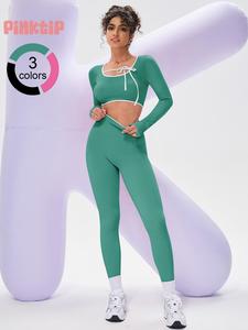 PinkTip Women's Contrast Binding Crop Top & High Waist Leggings Set, Sporty Long Sleeve Tee & Skinny Pants for Yoga Workout, Ladies Sportswear for Fall & Winter, Tracksuit for Women, Co-ord Sets for Indoor Outdoor Wear, Athletic