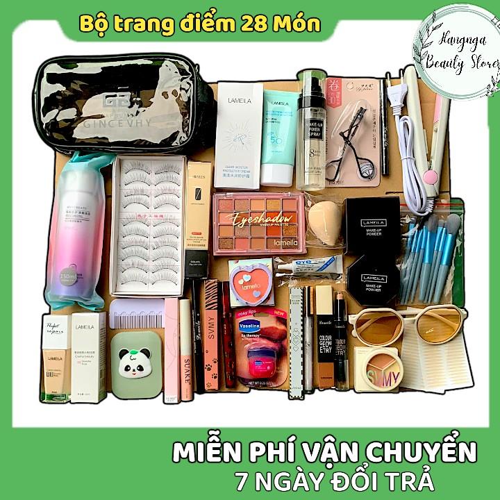 Set 28 món H025 Trang Điểm Makeup gồm Son, túi đựng mỹ phẩm, xịt khoáng, phấn phủ, che khuyết điểm, Kem nền, kính thời trang...  28 món như hình Cosmetic  Nữ