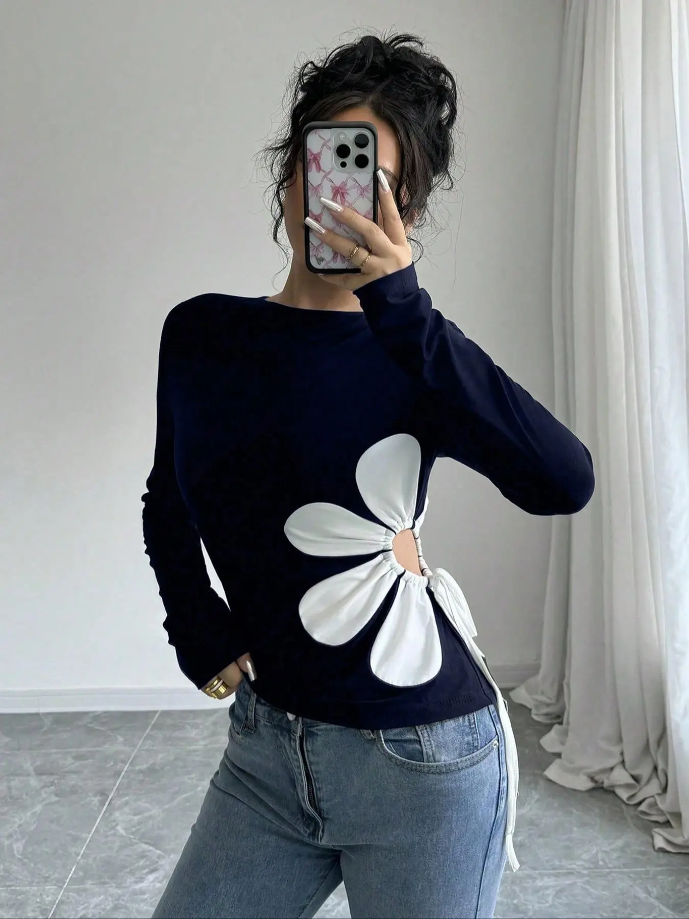 Women's Floral Print Cut Out Tee, Casual Long Sleeve T-shirt for Daily Wear, Ladies Clothes for Spring