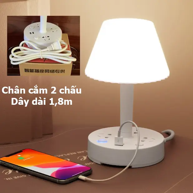 Đèn để bàn thông minh, đèn ngủ kết hợp ổ cắm USB, 3 chế độ sáng, ổ cắm 2 chân, dây dài 1,8m 0
