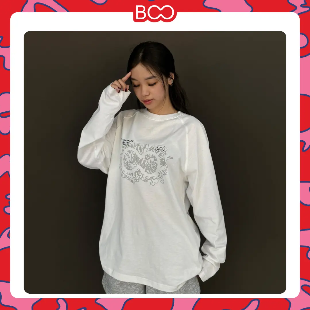 Áo Thun Dài Tay BOO Unisex Cotton Oversized In Big Logo Nữ Cổ Tròn