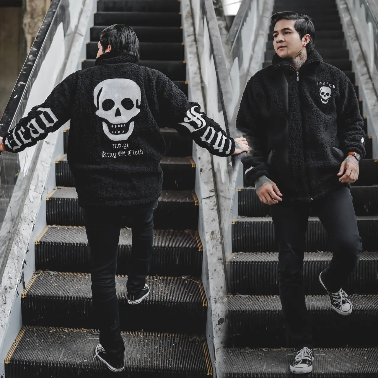 Kqa Sherpa Jacket Skull Head / Jaket Bulu Pria Bordir Hitam