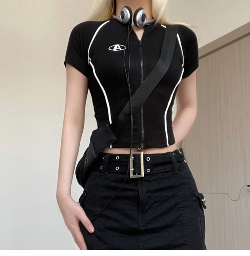 Product Introduction of Áo Cardigan Có Khóa Kéo, Phong Cách Xe Máy Mỹ, Áo Thun ngắn Tay Dành Cho Nữ, Có Sọc Nụ Thêu, Màu Đen, Áo Thể Thao Và Thể Dục Dễ Phối Đồ 6