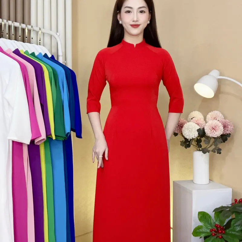 áo dài nữ áo chất liệu vải lụa Mỹ cao cấp dáng truyền thống cổ 2 phân tay lỡ 2