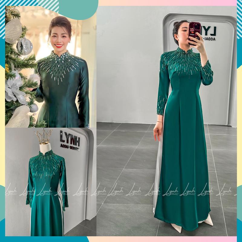 Áo dài BÀ SUI Lụa tô châu XANH ÉP ngọc sang trọng - Áo Dài Lynh Nữ Women Voi Nhung Sen Dress Thun