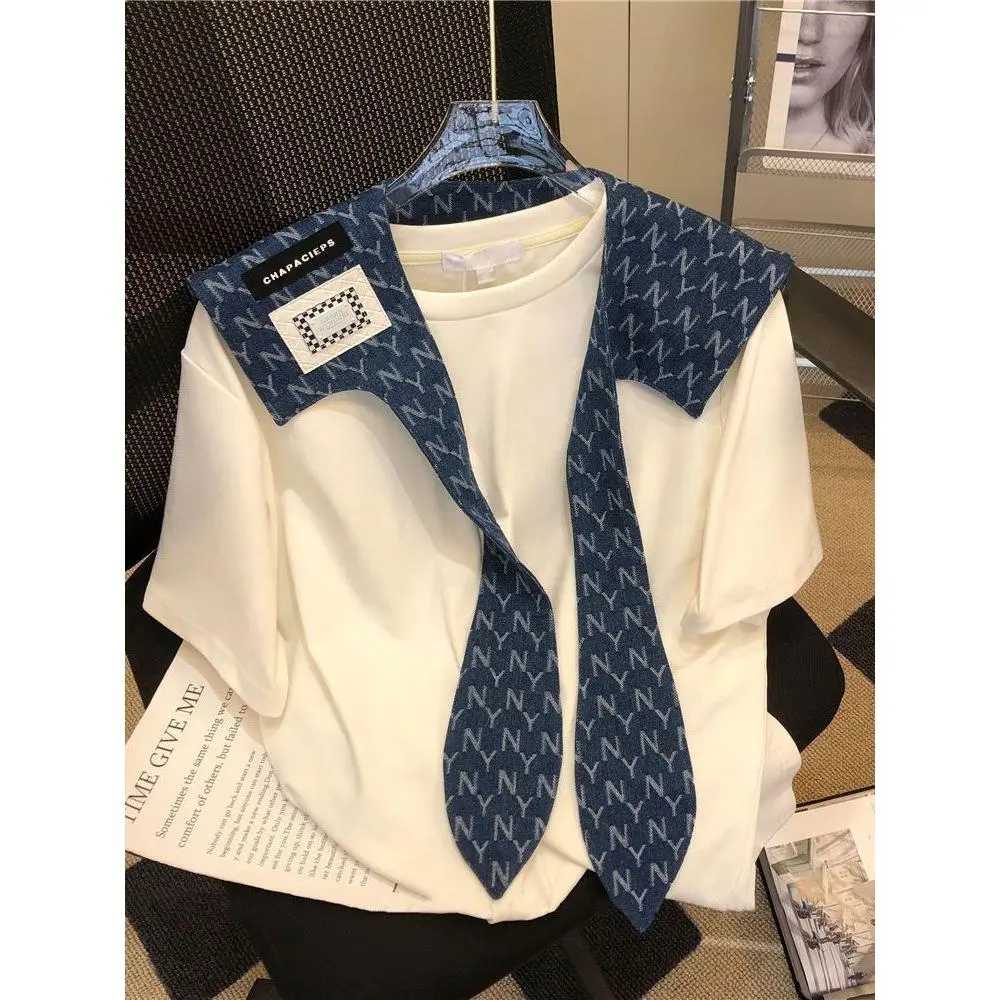 Áo Thun ngắn Tay Áo, Cổ Áo Navy, Dáng Rộng Vừa Vặn, Dễ Phối Đồ, Hàng Mới Về Mùa Hè, Phong Cách INS Mỹ Cổ Điển