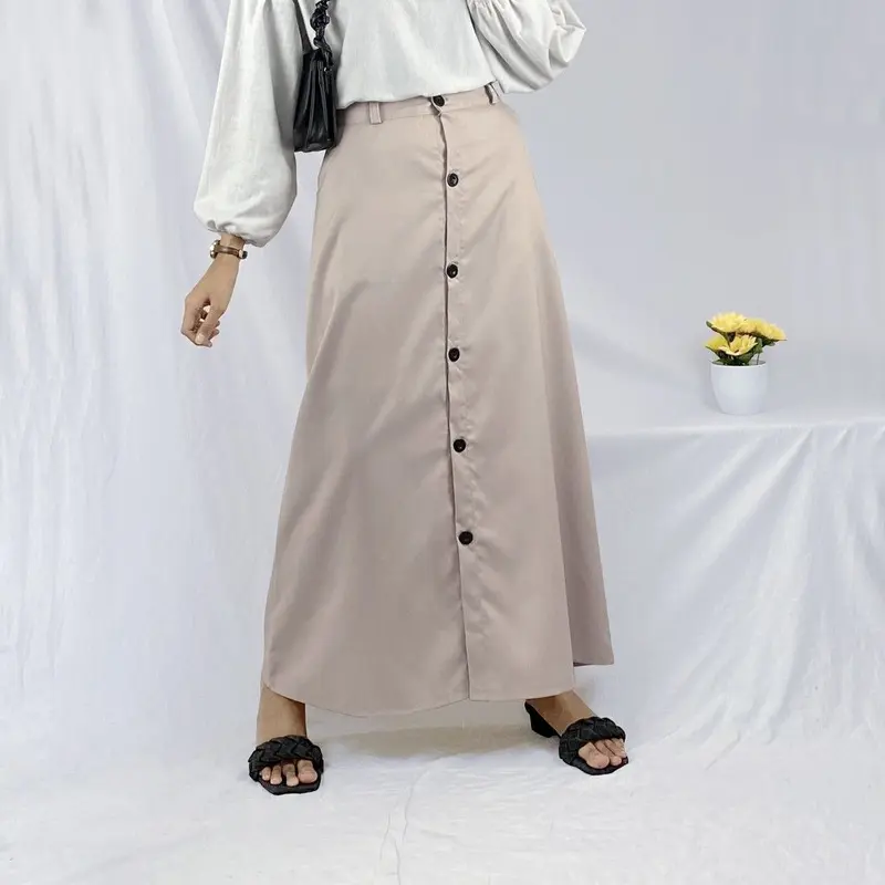 Casual Button Skrit Rok Panjang Mode Kancing terbaru dan kekinian Polos Belakang Karet Wanita A-Line Polos 2