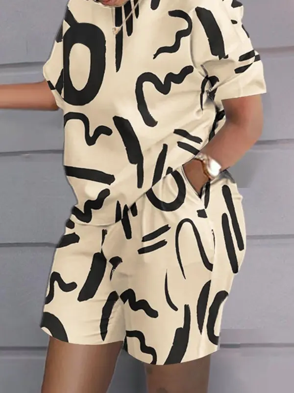 Two-Piece Set Women's All Over Geometric Print Set, Casual Short Sleeve T-shirt & Elastic Waist Pocket Shorts, Women's Two-piece Outfits for Daily Wear 0