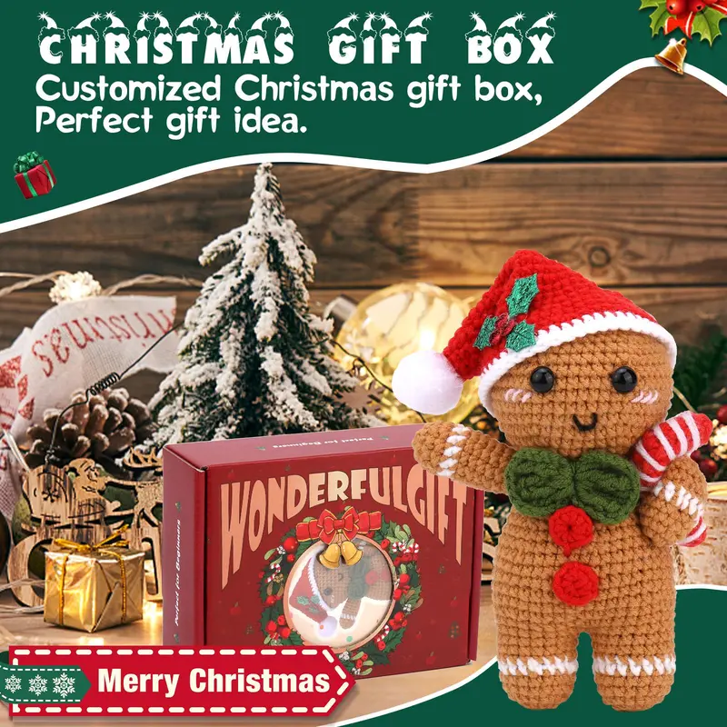Gingerbread Man Design Crochet Starter Kit, 1 Set DIY Gingerbread Knitting Set for Beginners, Christmas Eve Box 3