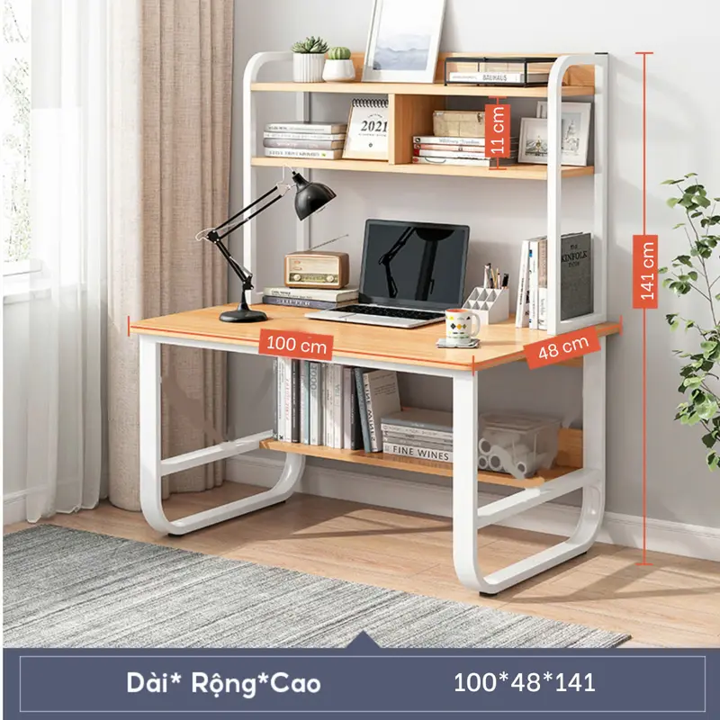 Bàn làm việc, bàn học kết hợp kệ sách chân uốn cong cách điệu thiết kế mới lạ màu gỗ tối/ gỗ sáng BH-047 [Nội Thất 5C] 1