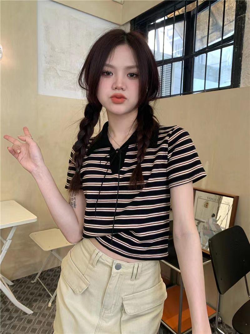 Product Introduction of Áo Thun Sọc, Cổ Polo Màu Tương Phản, Dành Cho Nữ, Phong Cách Cổ Điển Mùa Hè, Mỏng Vừa Vặn, Ngắn Tay, Áo Vai Ngắn, Bán Chạy 15