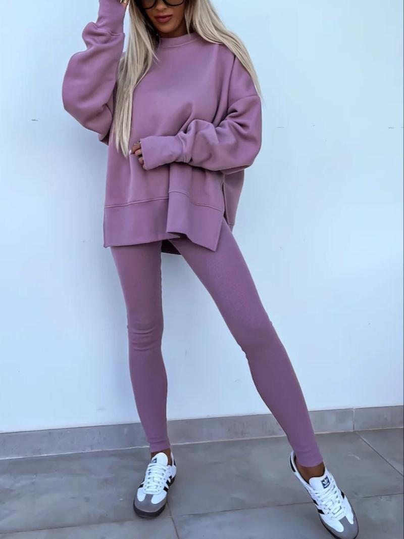 Product Introduction of Women's Solid Split Hem Sweatshirt & Pants Two-piece Set, Casual Fashion Cozy Breathable Two Piece Outfits for Daily Outdoor Wear, Ladies Clothes Fitness  for All Seasons 8