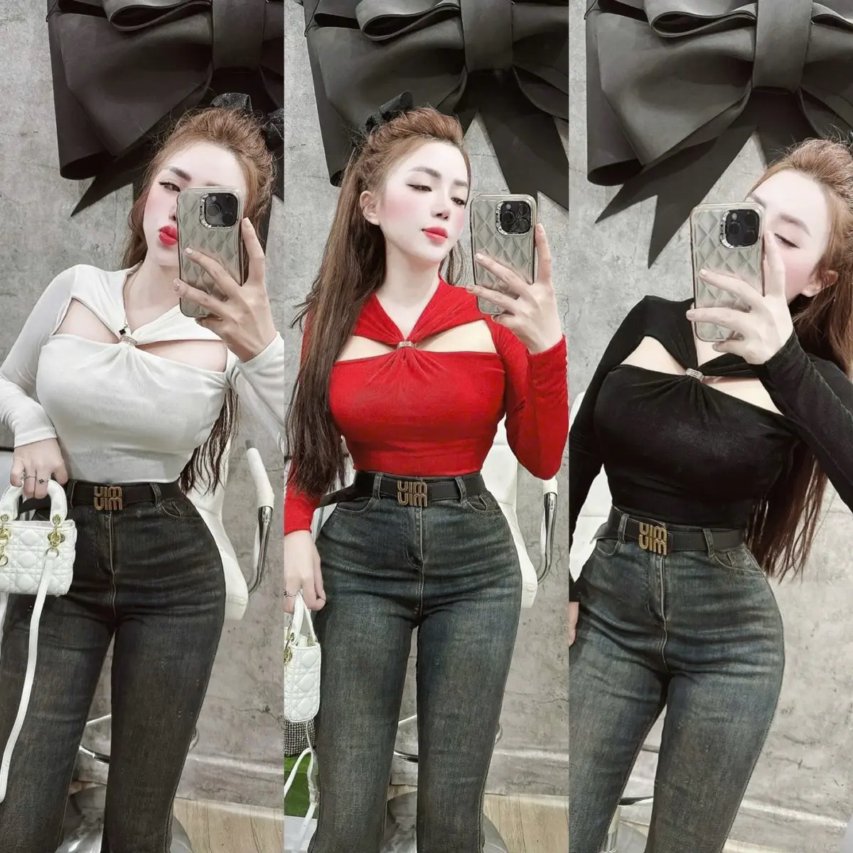Áo nhũ tay dài khoét 2 bên nách,giữa có khoen