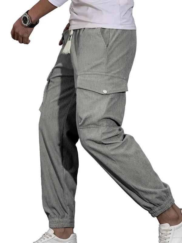 Men's Solid Pocket Drawstring Waist Corduroy Pants, Regular Fit Casual Street Fashion Trousers for Spring & Fall, Men's Bottoms for Daily Wear 7