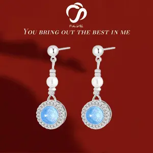FULSHE Anting Panjang Wanita Elegan Aquamarine Moonstone Berkilau