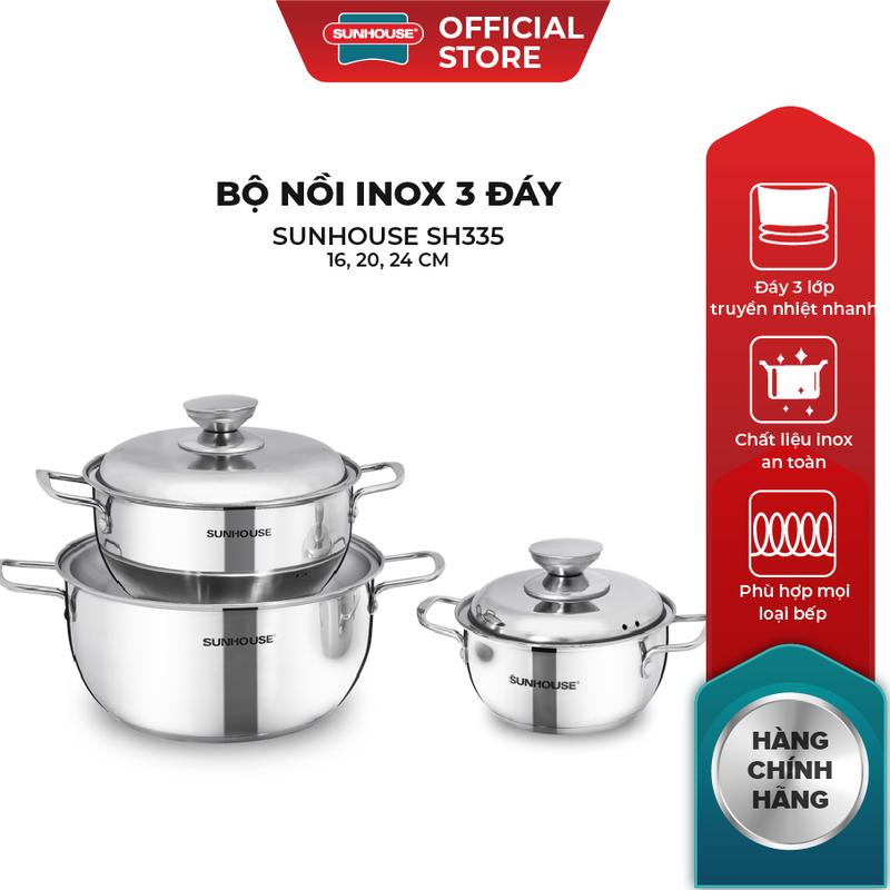 Bộ Nồi Inox 3 Đáy SUNHOUSE SH335 - 16, 20, 24 cm - Đáy 3 Lớp Truyền Nhiệt Nhanh - Chất Liệu Inox An Toàn - Phù Hợp Mọi Loại Bếp - Hàng Chính Hãng
