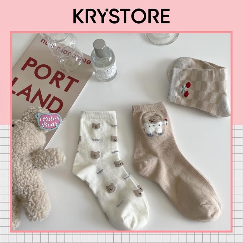 Set 3 đôi tất cao nam nữ Gấu Choco Krystore cotton chất đẹp ST20