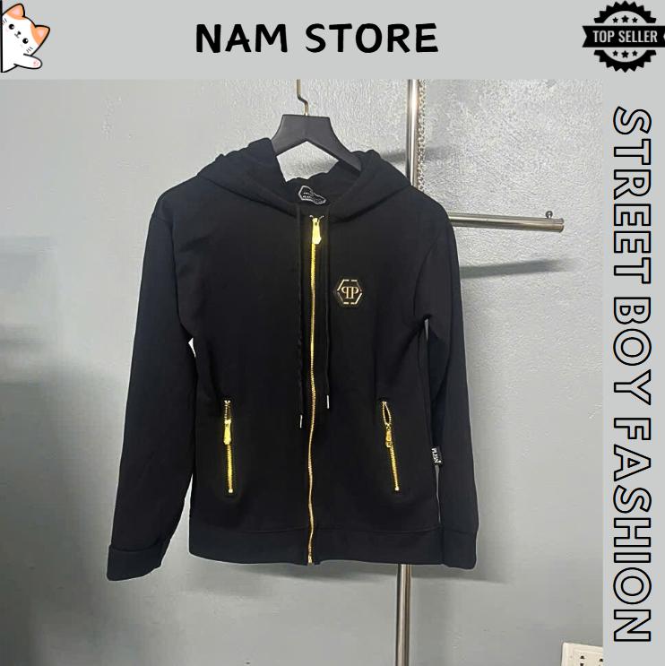 Áo Khoác Philip Cao Câp Đính Đá Sau lưng Khóa qp Vàng Logo Kim Loại Vang - Áo Khoác Bomber Philip Boy Phố 2024 - Jacket Menswear Mã Khóa Vàng Navy