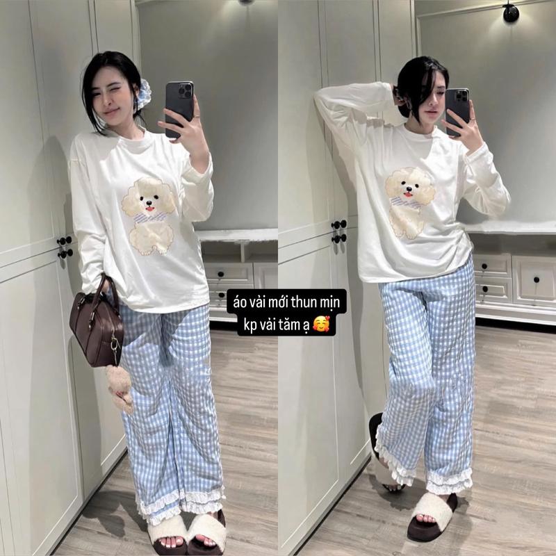 [Kèm Cột Tóc - Mua 1 Được 3 Món ]  Set áo tay dài trắng (Vải thun cotton mịn )cổ tròn in hoạ tiết CÚN dễ thương kèm quần đũi xốp caro phối bèo - Tít Store - Top Women-X1