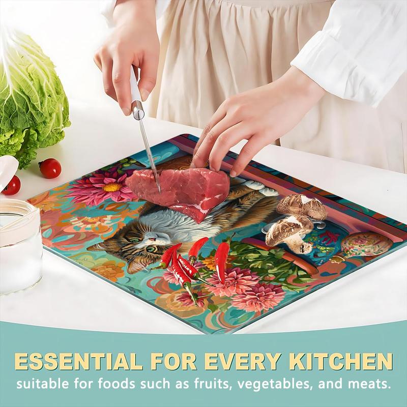Cat & Floral Pattern Kitchen Cutting Board, Durable Heat Resistant Chopping Board, Non-slip Kitchen Chopping Board, Kitchen Decor 7