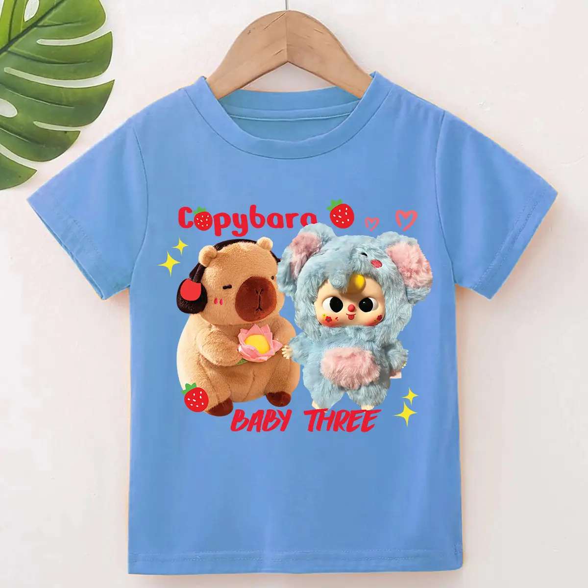 Áo thun trẻ em Áo POLYCOTTON mát mịn In Hình BABY THREE VÀ CAPY BARA cho bé trai và bé gái Vải Cotton Baby Tee Women Top Voi Cổ Tròn Heart áo  baby áo  baby áo  len Tre Trắng
