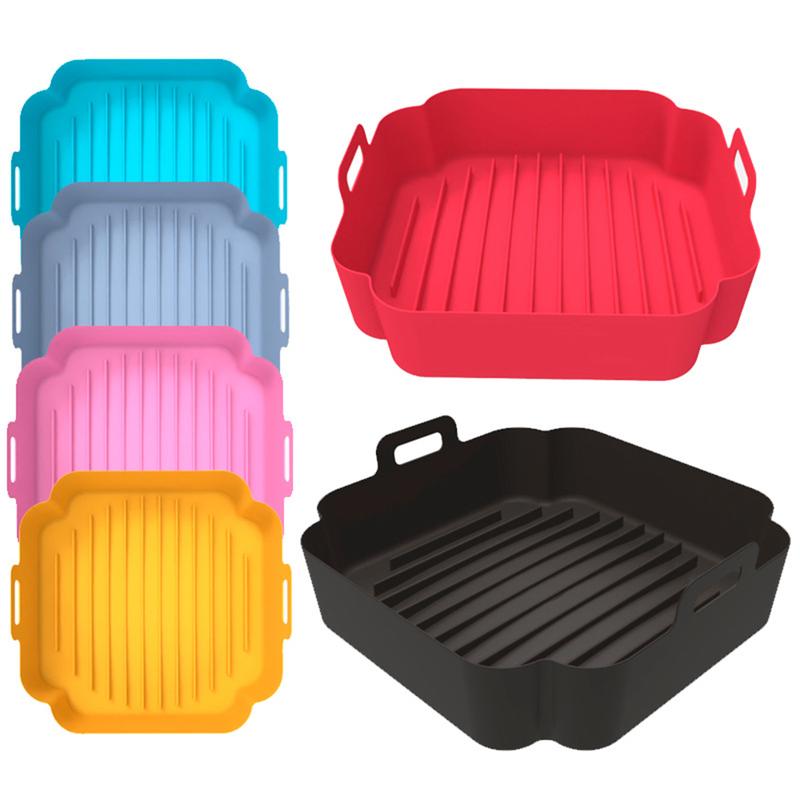 Air Fryers Liner Double Handle Heat Resistant Square Dishwasher Safe Silicone Baking Pan Waterproof Non-stick Frying Chicken Basket Mat Kitchen Accessories 4