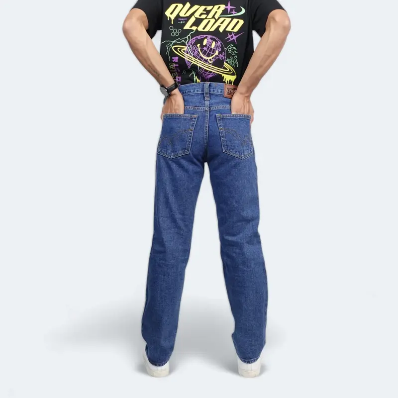 Celana Jeans Standar / Regular Fit Bio Wash Panjang Pria Denim Kasual Biru Medium Indigo Loose 3