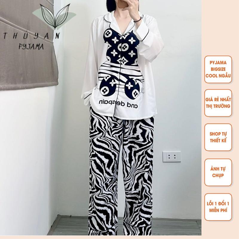 Bộ Pijama Bigsize gấu đen quần sóng tay dài mặc nhà dành cho nữ, mẹ bầu từ 60kg - 90kg.