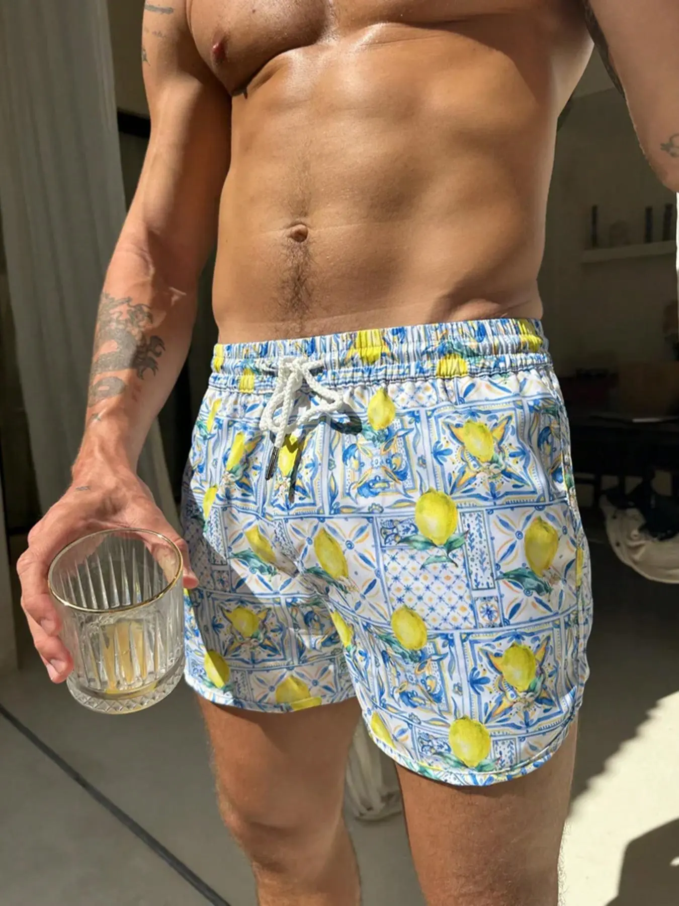 Men's Lemon Print Shorts, Casual Comfy Breathable Shorts for Summer, Men's Bottoms for Beach Vacation