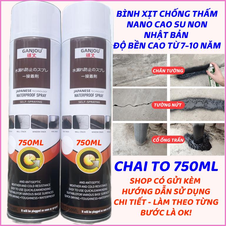 Bình xịt chống thấm dột Nano 750ml Nhật Bản gắn mọi khe hở vết nứt Chân tường, Mái nhà, Mái tôn, Tường nhà, Nền nhà vệ sinh, bể nước, bể cá, các đường ống rò rỉ nước....
