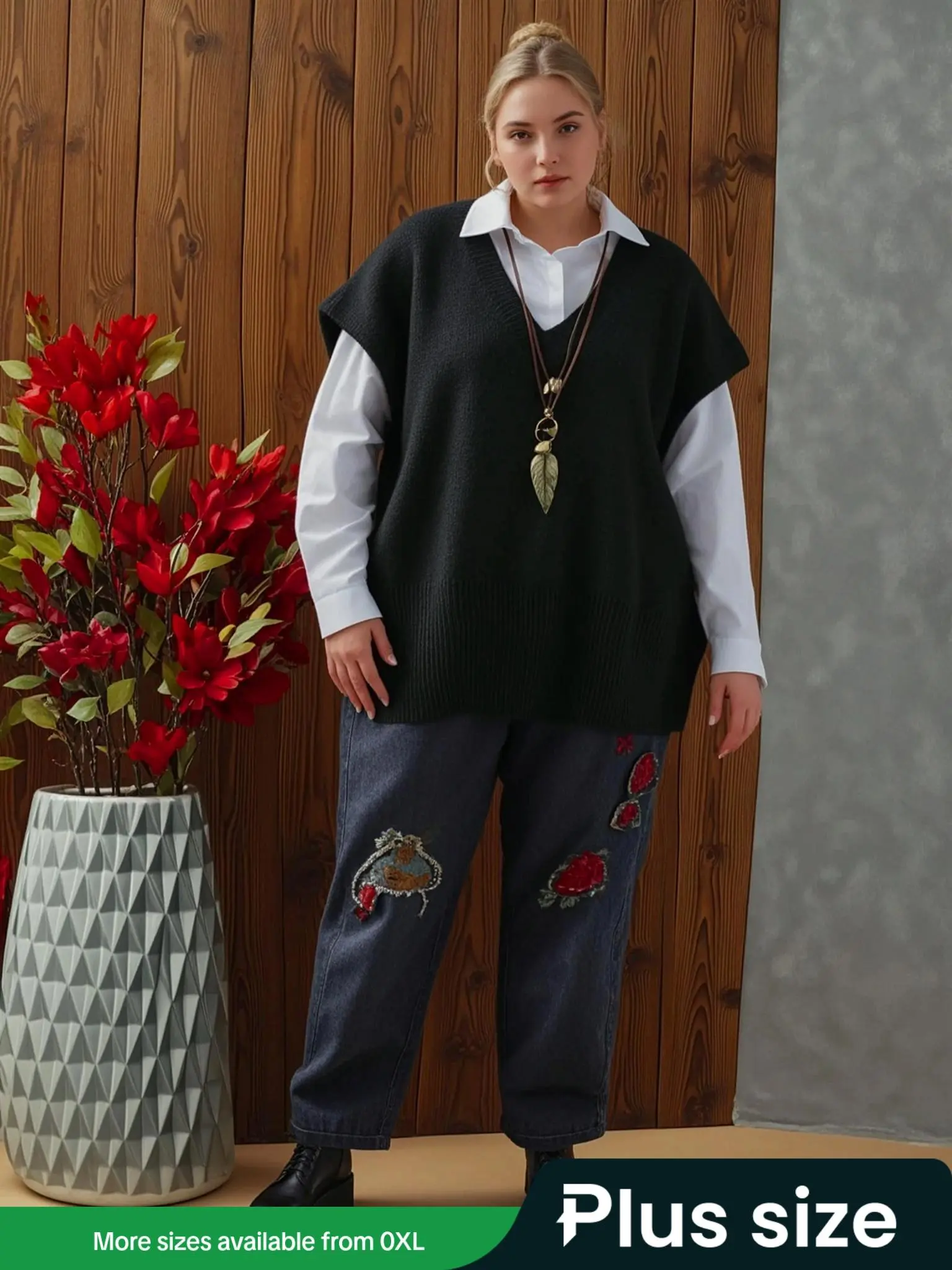 【Plus Size】 Solid Split Hem Sweater Vest, Casual V Neck Knit Top for Spring & Fall, Women's Plus Clothing for Daily Wear