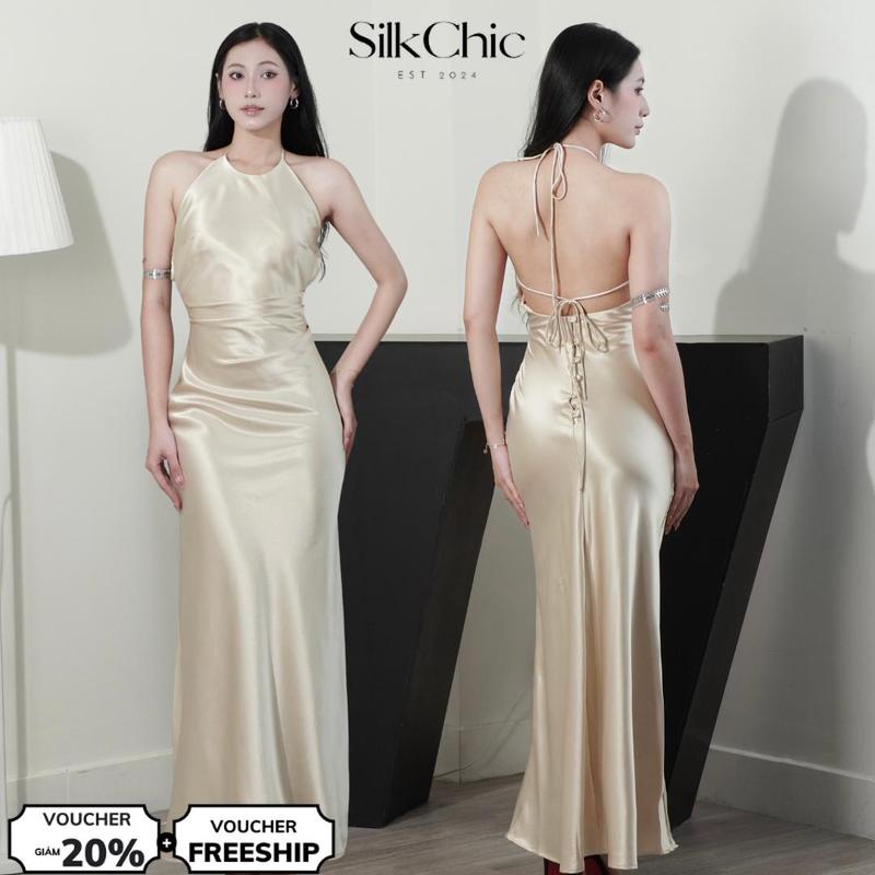 Đầm Lụa Cổ Yếm Xếp Ly Hở Lưng Dáng Dài SC746 Đầm Lụa Cổ Yếm Phối Nút Sang Chảnh Đi Tiệc
