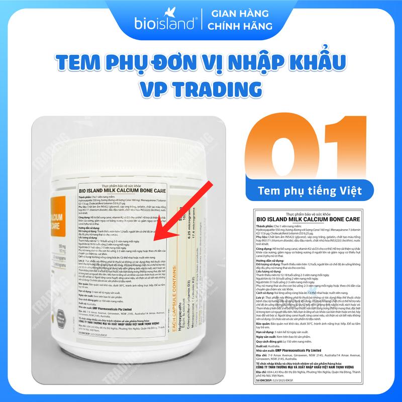 Canxi sữa Bioisland Milk Bone Care 150 viên tăng chiều cao cho trẻ dậy thì, canxi cho mẹ bầu, người già