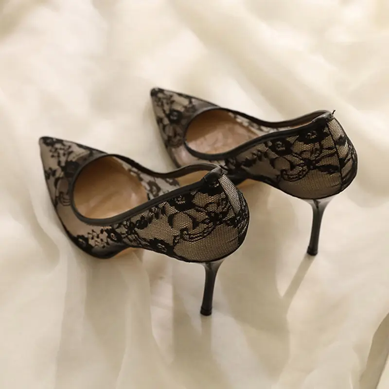 Breathable Lace Mesh High Heels for Women 2023 New Summer Design Sense Niche Temperament Pointed-Toe Stiletto Shoes