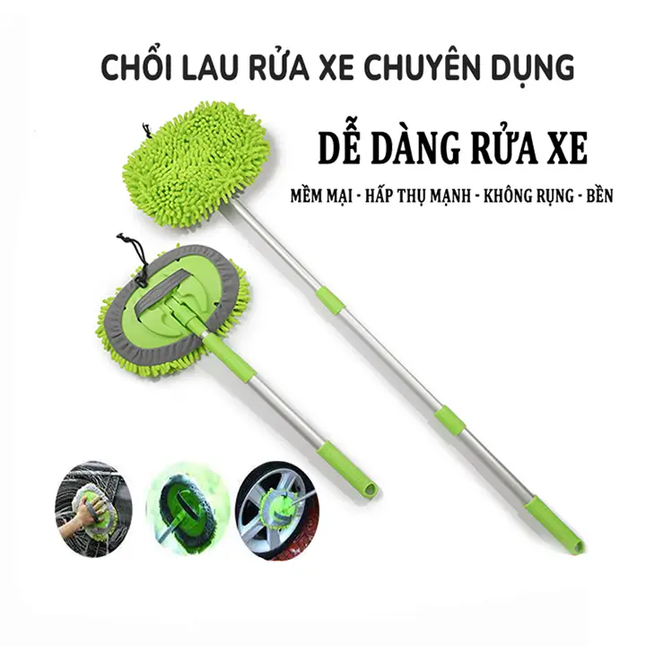 Chổi rửa xe ô tô sợi tơ mềm không gây xước xe, cán dài điều chỉnh lên xuống 95cm