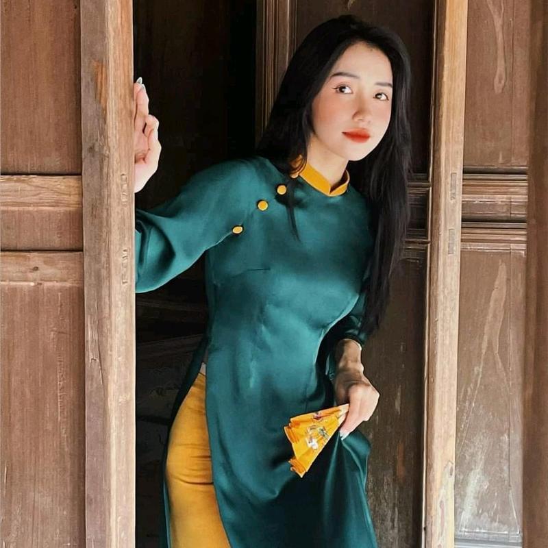  Áo dài nữ truyền thống lụa tây thi phối cúc tay loe cách tân nhiều màu Voan Sen Xanh kèm quần lụa ống rộng 