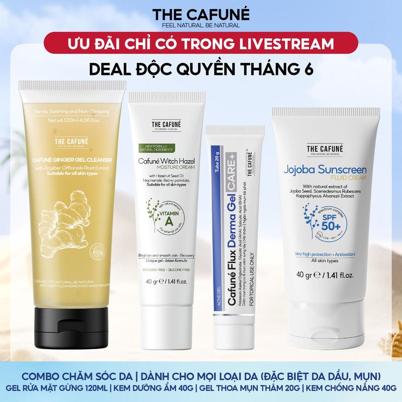 Combo Cho Da Mụn Kem Chống Nắng, Gel Chấm Mụn Cafuné Flux, Sữa Rửa Mặt, Kem Dưỡng Ẩm Cafuné Dành Cho Da Mụn 120gram TCF Skincare Chăm Sóc Da Làm Đẹp Da Dưỡng Ẩm Da munviem kem  trị
