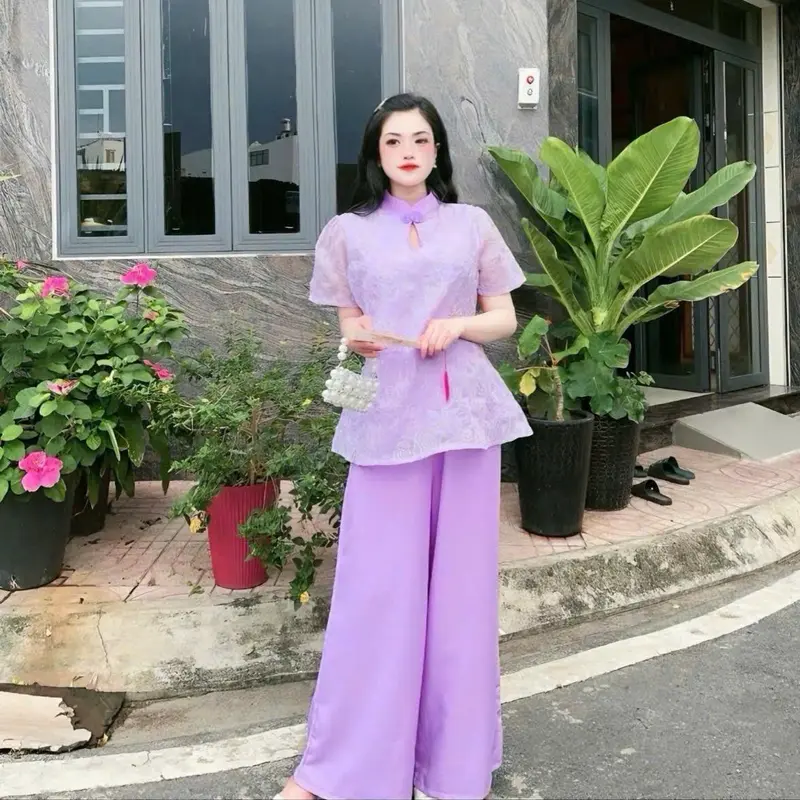Set Đồ Nữ Bigsize Đón Tết Cách Tân Cổ Tàu Thêu Kim Tuyến Hoa Hồng, Đi Lễ Chùa Áo Hoa Nổi Chỉ 2 Lớp Kèm Quần Dài 50-95kg 5