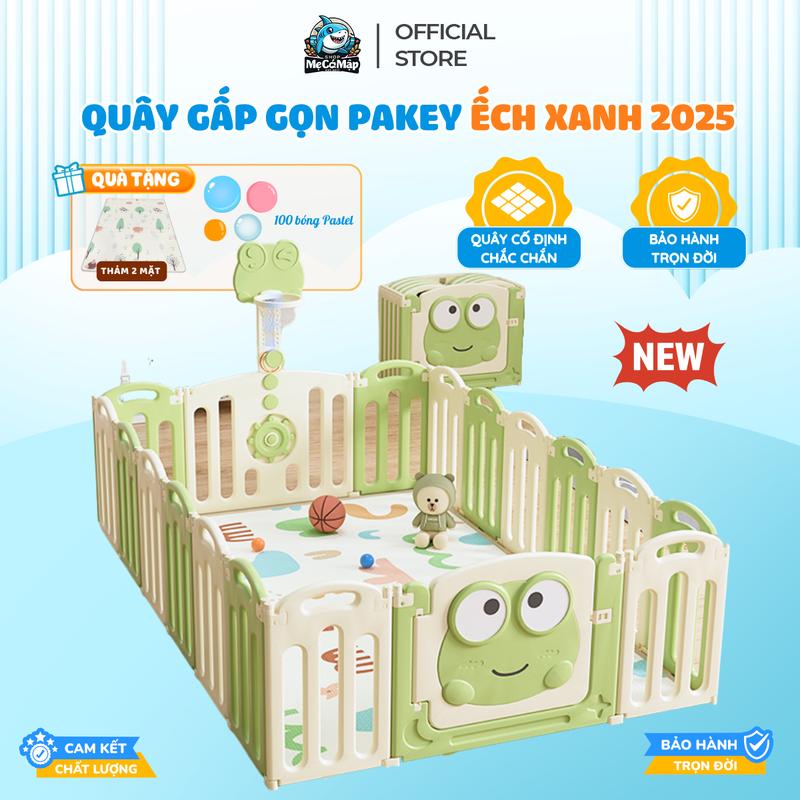 Quây Nhựa Gấp Gọn Pakey 2025 Tặng THẢM + TRỤ BÓNG RỔ+ 100 BÓNG, Quây Cũi Cho Bé Hình Ếch Xanh Đáng Yêu, Bảo Hành 2 Năm