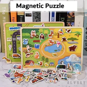 MAINAN ANAK EDUKASI / WOODEN MAGNETIC 3D PUZZLE HEWAN TRANSPORTASI Magnet Permainan