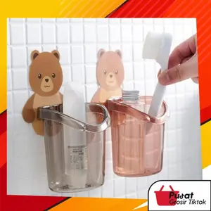 BISA COD H5262 Tempat Sikat Gigi / Gelas Tempel Motif Beruang / Gantungan Sikat Gigi Paku Plastik