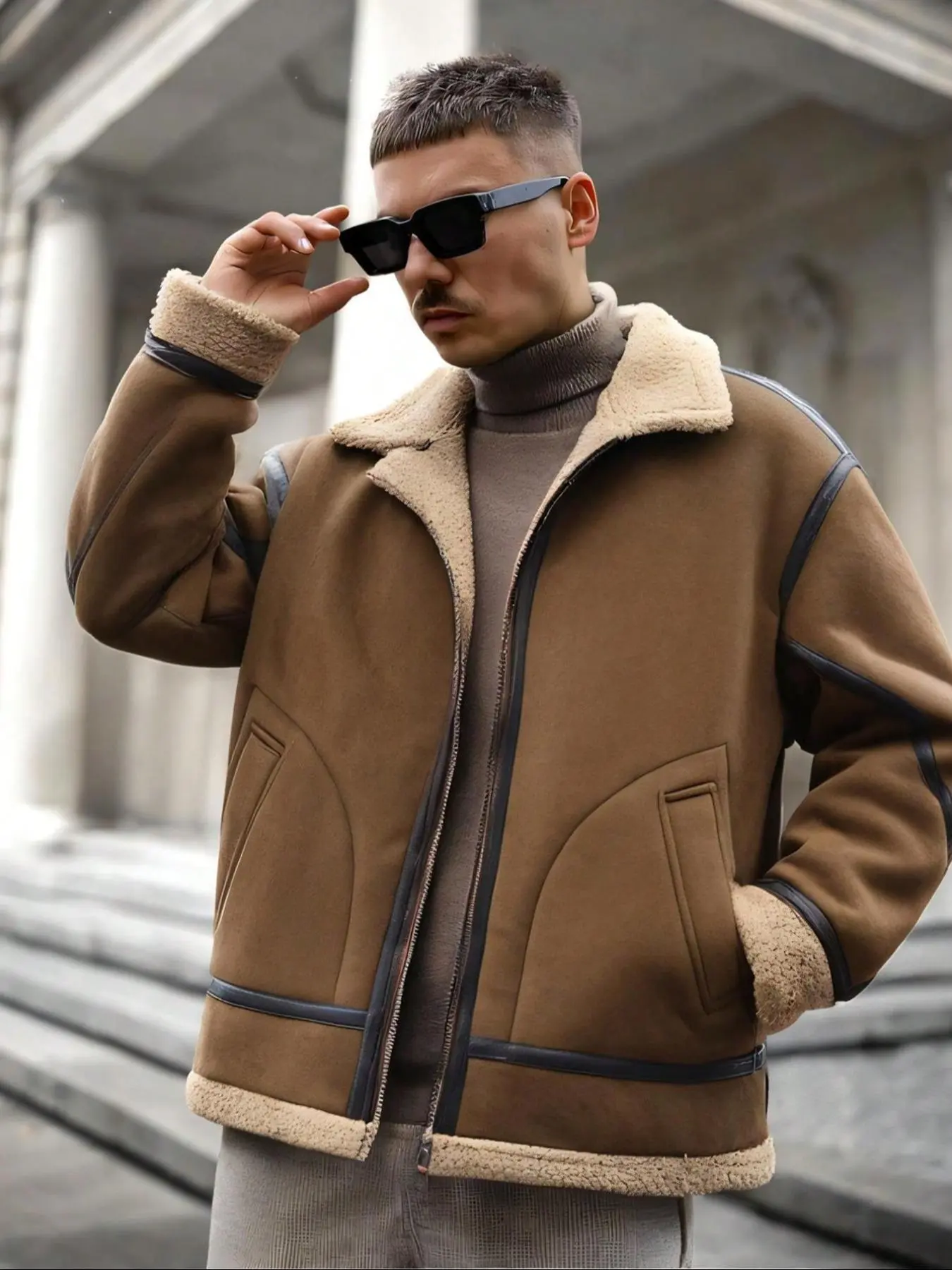 Men's Drop Shoulder Pocket Design Thermal Lined Jacket, Casual Regular Fit Long Sleeve Lapel Neckline Outerwear for Fall & Winter, Men's Clothes for Daily Wear